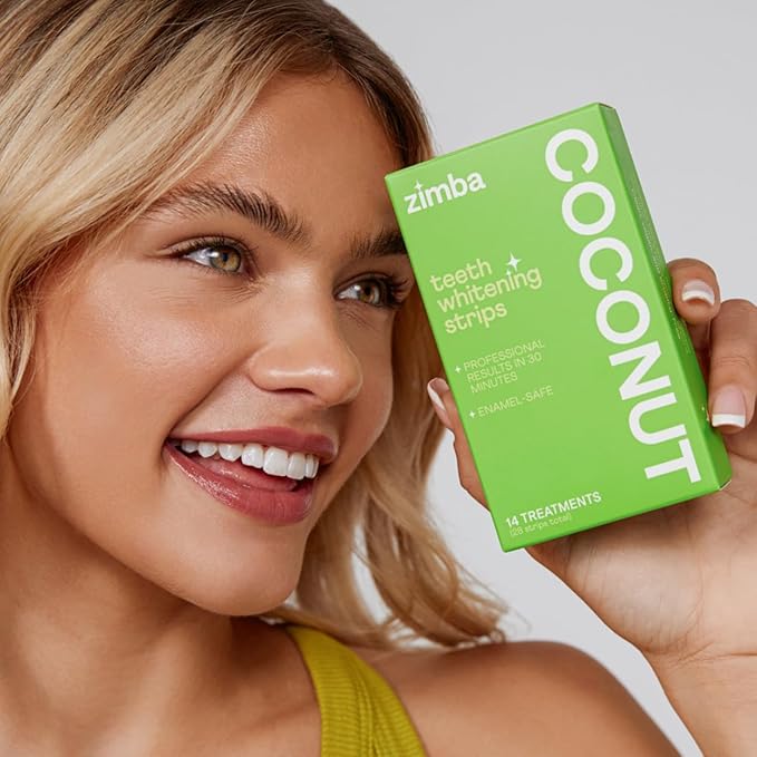 Zimba Coconut Flavored Teeth Whitening Strips | Vegan, Enamel Safe Hydrogen Peroxide Teeth Whitener for Coffee, Wine, Tobacco, and Other Stains | 14 Day Treatment | Coconut