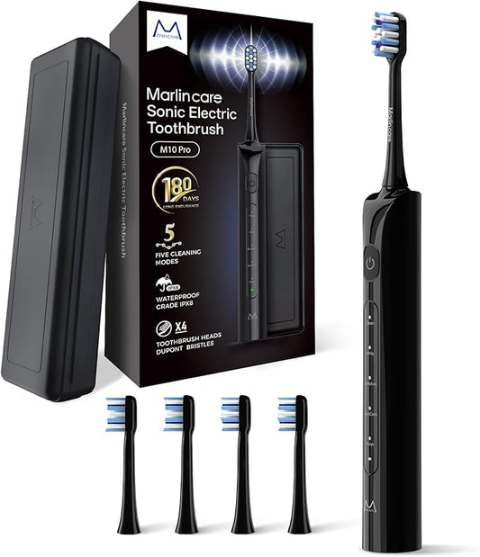 Electric Toothbrush for Adults, Rechargeable Sonic Travel Toothbrush Teens with 4 Brush Heads-180 Days Battery Life, 55000VPM, 5 Modes Smart Timer& Travel Case, Black