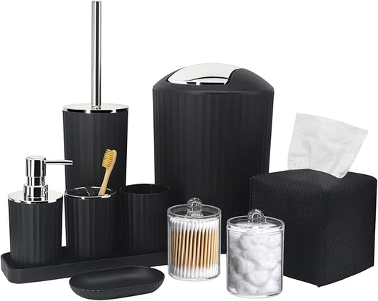 Bathroom Accessory Set - 10 Piece Black Bathroom Accessories Set with Trash Can, Toothbrush Holder and Cup, Soap Dispenser, Soap Dish, Toilet Brush Holder, Vanity Tray, Qtip Holder, Tissue Box Cover