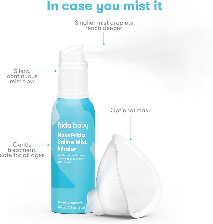 Frida Baby NoseFrida Saline Mist Nasal Inhaler, Decongestant Spray for Congestion & Allergy Relief for Babies + Kids, Nasal Saline Spray, Soothes Stuffy Nose & Sore Throat, Includes Mask
