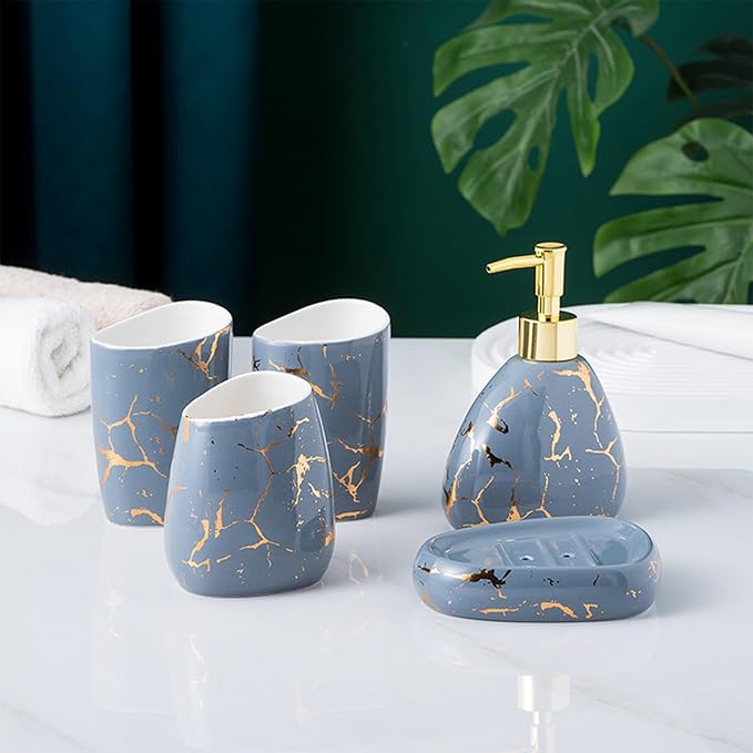Gray Bathroom Accessories Set,Gold Marble Look Bathroom Decor,Modern 6 Piece Bathroom Accessory Set,Complete with Soap Dispenser,Toothbrush Holder,Tumbler,Tray Countertop
