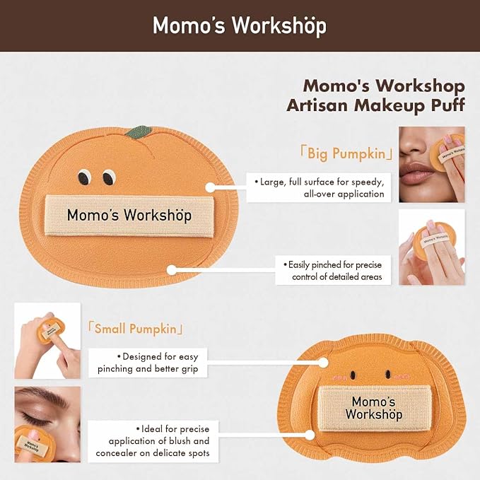 Momo's Workshop Pumpkin Makeup Sponge Set (3pcs) - Large & Small Cushion Puffs for Halloween Themed,Rubycell Material for Flawless Foundation Application, Travel-Friendly & Storage Case