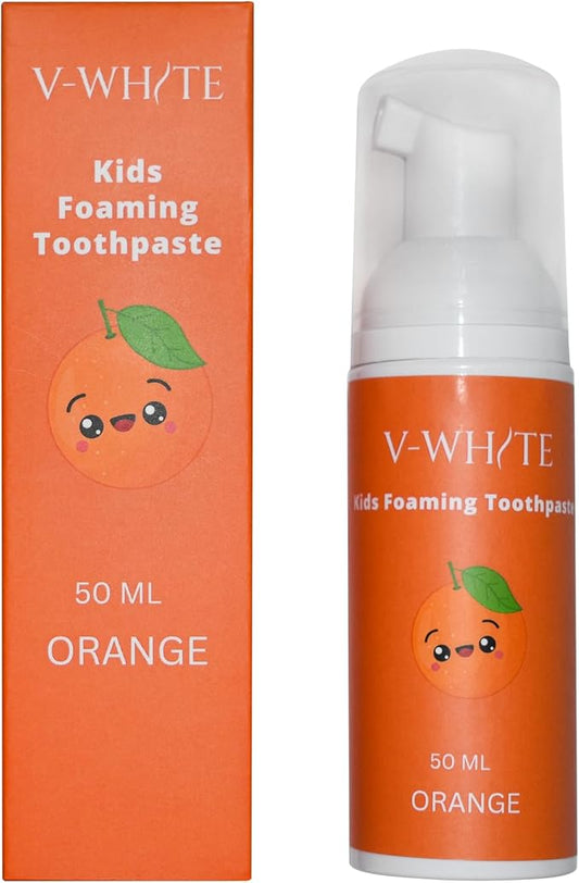 V-White Foam Teeth Whitening Toothpaste - Organic Toothpaste Fluoride Free, Alcohol Free, pH Balanced - Deep Cleansing, Stain Removal, Travel Friendly, for Kids & Adults (Large, Orange)
