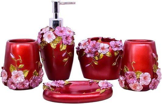LUANT Vintage Pink Bathroom Accessories, 5Piece Bathroom Accessories Set, Bathroom Set Features, Soap Dispenser, Toothbrush Holder, Tumbler & Soap Dish - Bath Gift Set (deep red)