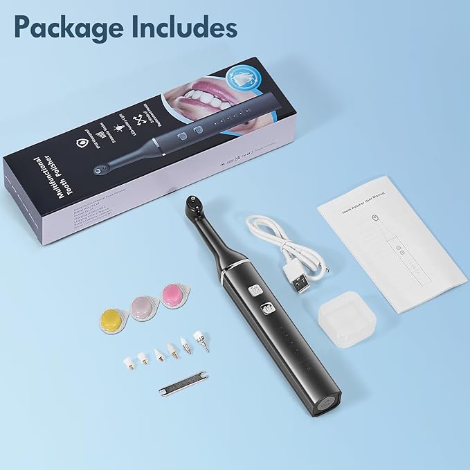 Tooth Polisher, Teeth Cleaning Kit with 5 Brush Heads, 3 Tooth Polish Paste, LED Light, IPX6, 5 Speed Modes, Rechargeable Professional Tooth Polishing Kit for Teeth Cleaning