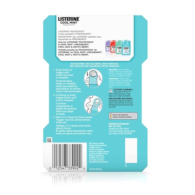 Listerine Cool Mint Pocketmist, Oral Care Mist for Fresh Breath, Non-Aerosol Sugar-Free Bad Breath Refresher Spray to Kill 99% of Bad Breath Germs, Portable, Cool Mint Flavor, 2 Sprays