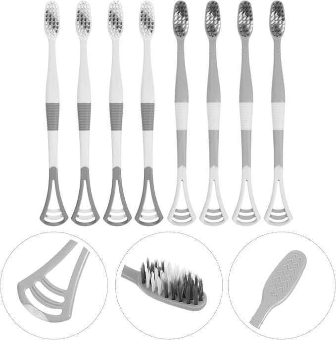 VILLCASE 8Pcs Soft Head Toothbrush and Tongue Scraper Set, Dual-Use Silicone Oral Cleaning Tools for Adults, Portable Travel and Household Dental Care Kit