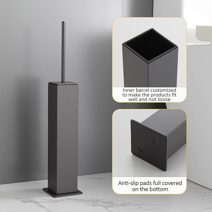 Toilet Brush and Holder Floor Standing, Gun Gray with 2 Replaceable Heads, Bathroom Toilet Brush, Freestanding Toilet Bowl Brush with Removable Liner and Splash Guard, Modern Square Design