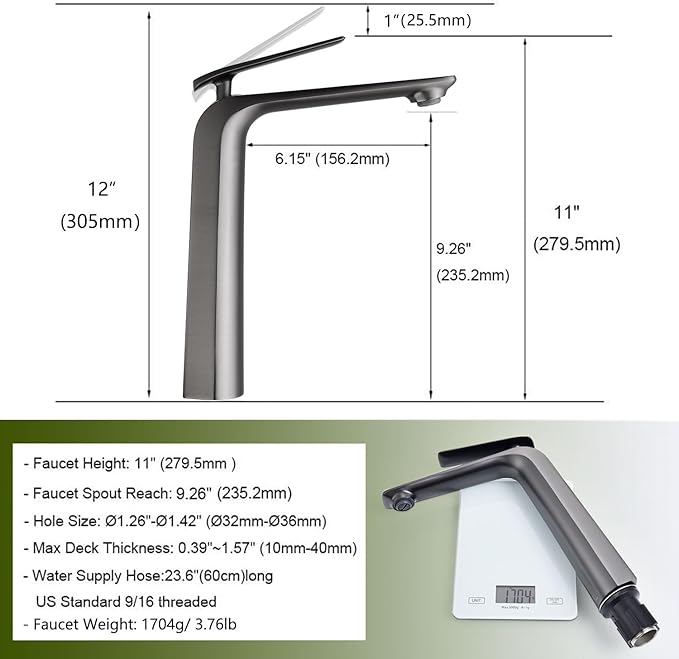 TOCALOCA Tall Bath Faucet for Vessel Sink, Gun Grey One Hole Single Handle Bathroom Faucets Brass, High Bathroom Vanity Faucet Single Lever Modern Basin Mixer Taps
