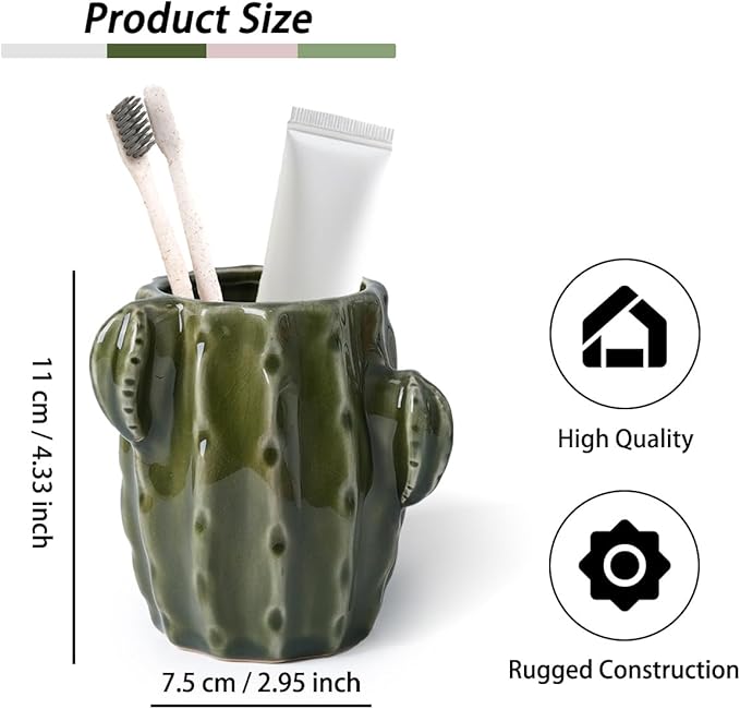 Cactus Toothbrush Holder for Bathrooms，Ceramic Toothpaste Holder Cute Toothbrush Holder Set,for Bathroom Counter and Desk Office Fun Decor Desk Organizer, Makeup Brush Holder - Dark Green