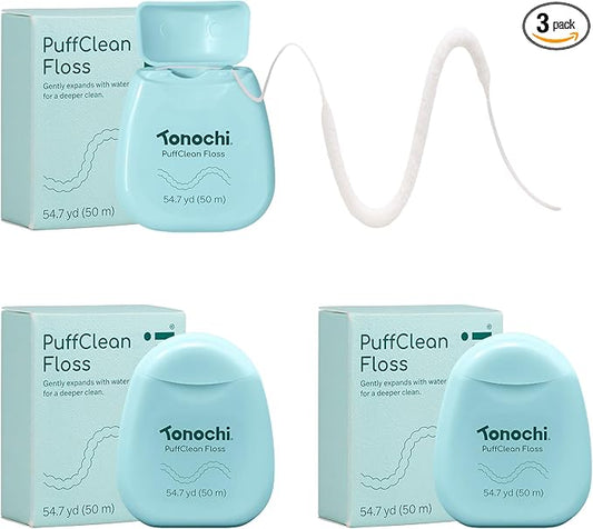 PuffClean Expanding Dental Floss, Natural Beeswax Coating — Expands When Wet, Smooth Glide, Gentle on Gums, Mint + Xylitol Freshness, 3-Pack (55 yd Each)