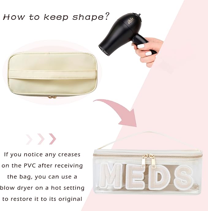 Clear Waterproof MEDS RX Makeup Bag，Transparent PVC Letter Patch medication travel case with Handle and Zipper, Portable Meds First Aid Travel Organizer Cosmetic Bag(02 Beige MEDS)