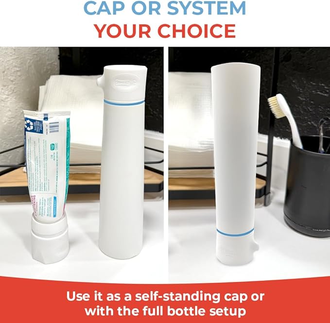 SqueezMe EasyPump Toothpaste Dispenser System - No-Mess Toothpaste Dispenser for Kids, Adults, Families - Hygienic Design & Easy One-Hand Use - Organizers & Accessories for Bathroom - Universal Fit