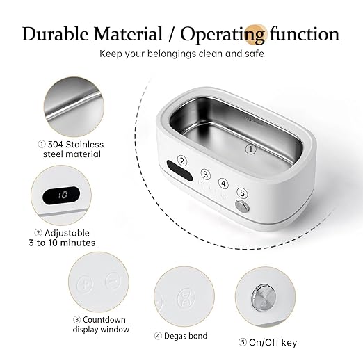 Powerful Ultrasonic Cleaner for Jewelry, Eyeglasses, Watch & Brushes, 480ML Stainless Steel Tank, Portable Design, Fast Clean for Ring, Earring, Bracelet & Necklace, with Smart Timer & Degas Function