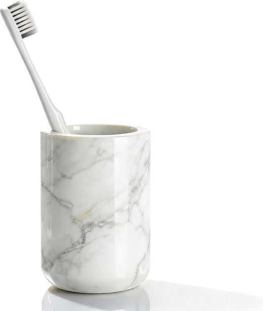 Natural Marble Toothbrush Holder for Bathroom Countertop Toothbrush Makeup Brush Holder for Bathroom,Toothpaste Organizer,Razor Stand,Anti-Slip Rubber Pad (NS036) (Column)