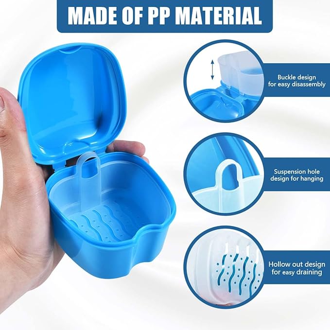 2 Pack Denture Bath Case Cup Box Holder Storage Container with Denture Cleaner Brush Strainer Basket for Travel Cleaning (White and Light Blue)