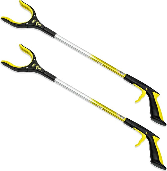 RMS 2-Pack 32 Inch Extra Long Grabber Reacher with Rotating Jaw - Mobility Aid Reaching Assist Tool (Yellow)