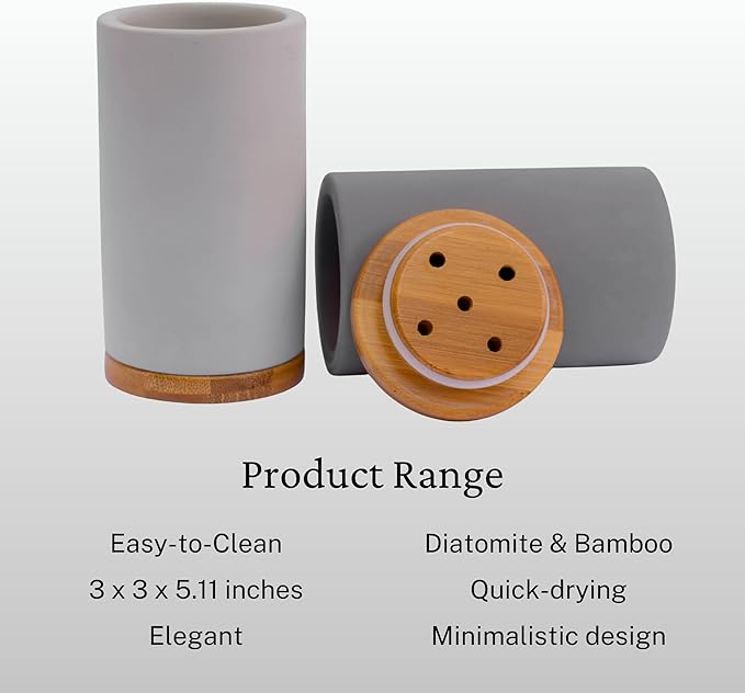 Matani Diatomite & Bamboo Toothbrush Holder - Quick-Drying, Water-Absorbent Stand with Removable Base & Drain Holes for Bathroom Countertop (Light Gray)