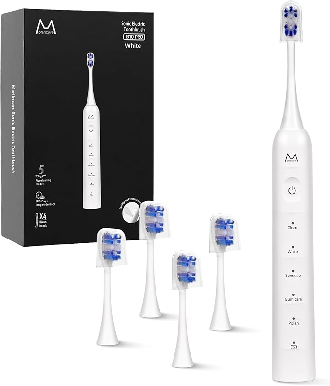 Electric Toothbrush, Marlincare Electric Toothbrush for Adults 180 Days Battery Life Rechargeable with 5 Modes, 48000VPM Motor Smart Timer IPX8, Sonic Toothbrush with 4 Brush Heads &Travel Case, White