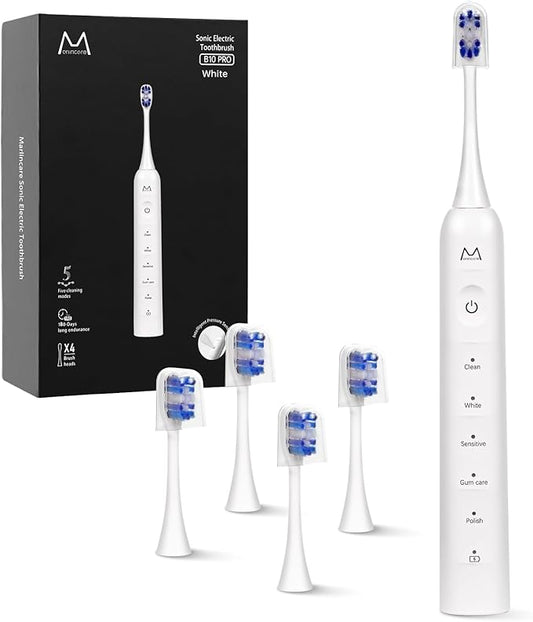 Electric Toothbrush, Marlincare Electric Toothbrush for Adults 180 Days Battery Life Rechargeable with 5 Modes, 48000VPM Motor Smart Timer IPX8, Sonic Toothbrush with 4 Brush Heads &Travel Case, White