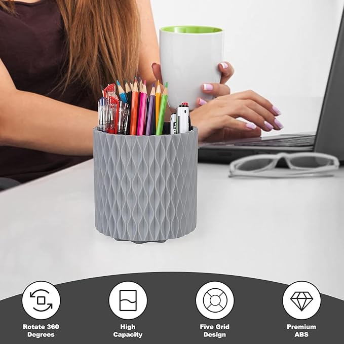 Makeup Brush Holder Organizer-360° Rotating Makeup Brush Storage,Pencil Pen Holder Cup,Desk Accessories,5 Slot Make up Brushes Cup, for Vanity Desktop Bathroom Countertop(Grey