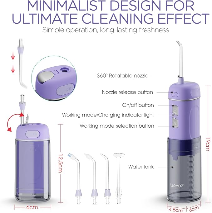 VOYOR-HEALTH Portable Water Flosser Cordless, Mini Travel Oral Irrigator with Telescopic Water Tank, IPX7 Waterproof Water Dental Flosser for Teeth Cleaning Braces & Dental Care WF510 (Purple)