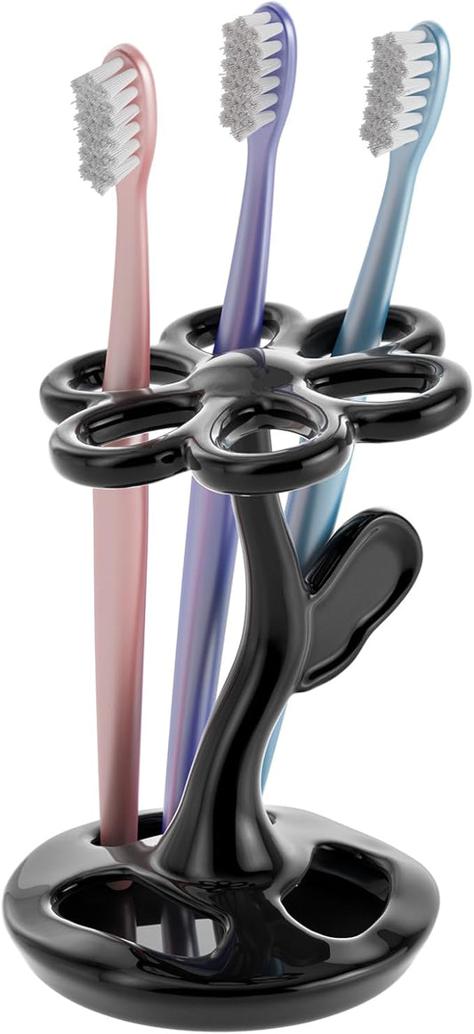 Toothbrush Holder for Bathroom, Flower Shape Ceramic Toothbrush Organiser, Holds 6 Standard Brushes (It's Black)