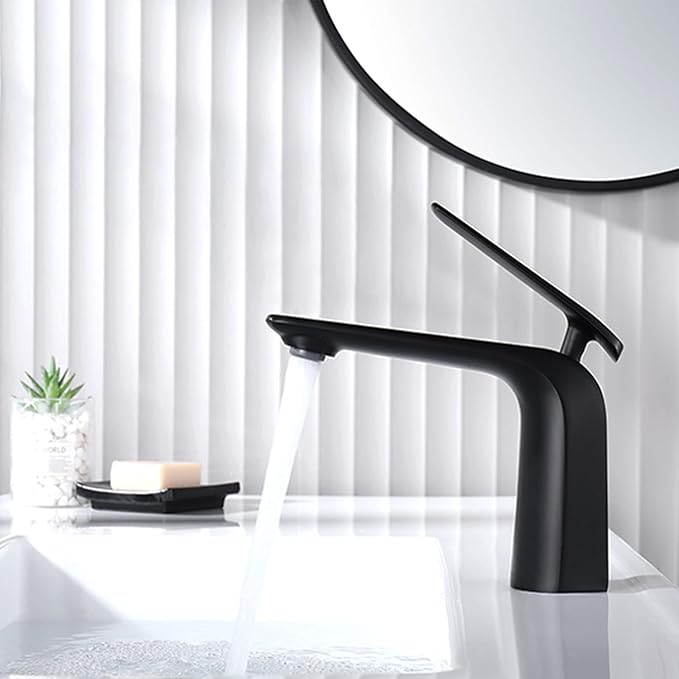 TOCALOCA Black Bathroom Sink Faucet, Matte Black, Modern Design, Single Handle, 1 Hole, Brass, Ceramic Disc Valve, Deck Mount, Aerated Non-Splashing Stream