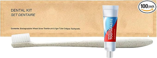 World Amenities Kraft Paper Dental Kit - Wheat Straw Toothbrush and Toothpaste Dental Care Kit (100)