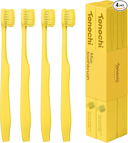 Max Extra-Soft Toothbrush for Adults Sensitive Gums – Gentle Bristles, Wide Angled Head for Back Teeth, Ergonomic Non-Slip Grip, BPA-Free Handle, Individually Wrapped, 4-Pack (Yellow)
