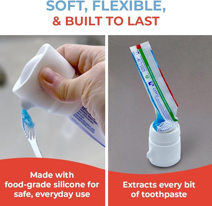 SqueezMe EasyPump Toothpaste Dispenser Cap - Self Closing Silicone Toothpaste Cap for Kids & Adults - No-Mess, Standing Design - Universal Fit for Tubes Up to 230g - Push-On, No-Twist Easy Install