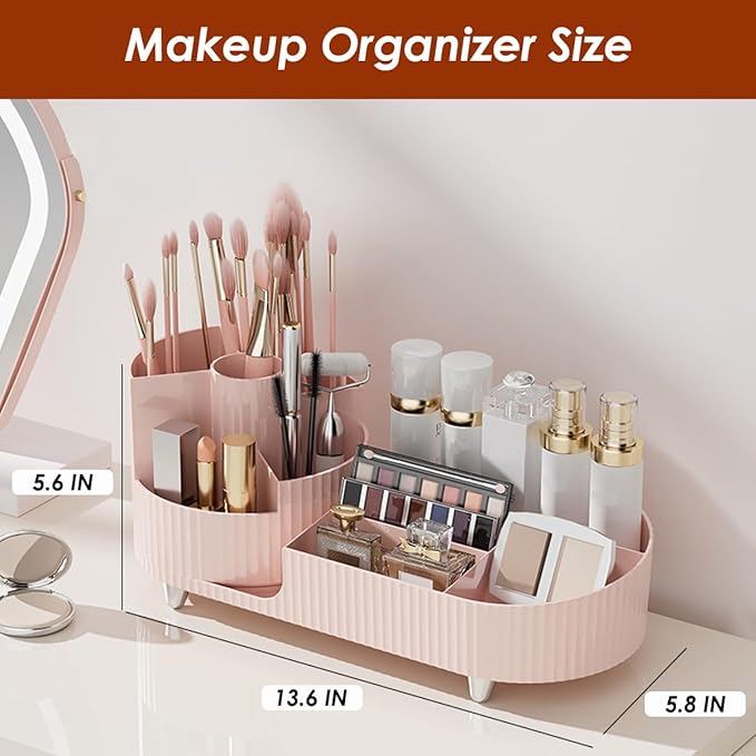 Makeup Organizer Countertop Rotating Makeup Organizer for Vanity Large Capacity Cosmetic Display Case with Makeup Brush Holder Cosmetic Organizer Countertop（Pink）