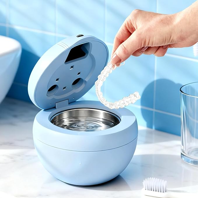 Dental Ultrasonic Retainer Cleaner Machine - Dental Cleaning Pod for Denture, Mouth Guard, Aligner, Night Guard, Braces, Toothbrush Heads, Jewelry, 45kHz Sonic Cleaner with Digital Timer & 200ML