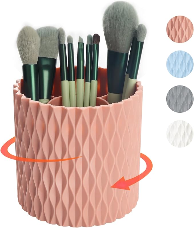 Makeup Brush Holder Organizer-360° Rotating Makeup Brush Storage,Pencil Pen Holder Cup,Desk Accessories,5 Slot Make up Brushes Cup, for Vanity Desktop Bathroom Countertop(Pink