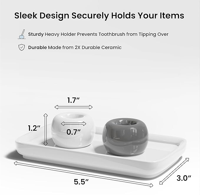 ELIKAI Ceramic Toothbrush Holder Set with Tray, Countertop Organizer for Bathroom, Storage Solution for Toothbrushes, Bathroom Accessories - (Grey & White) – 2 Pack