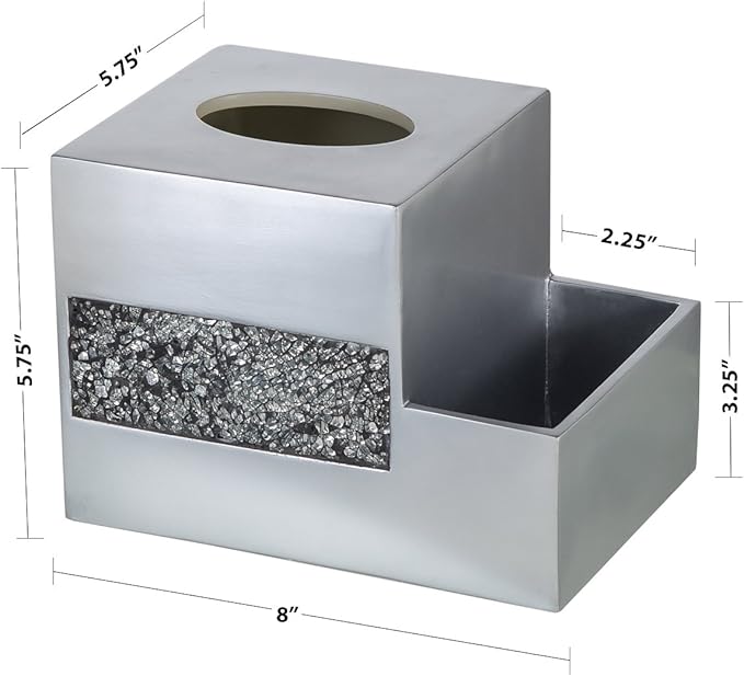 Crackled Glass Silver Tissue Box Cover Square and Nightstand Organizer for Men & Women - Multi-Function Mosaic Glass Tissue Box Holder with Makeup, Phone, Remote Control Holder Organizer for Table