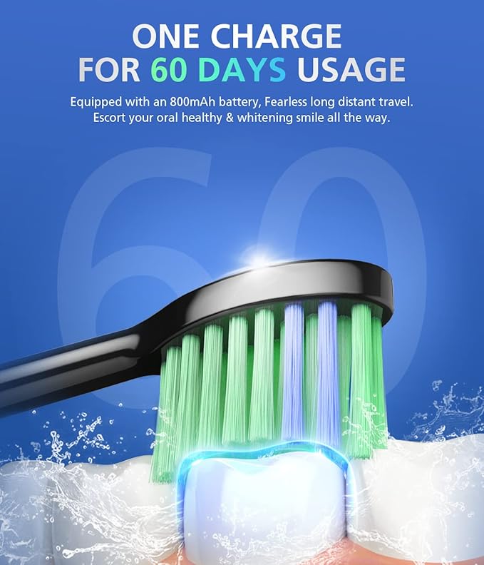 BAOVERI Electric Toothbrush for Adults & Kids,Rechargeable Ultrasonic Electric Toothbrush with 6 Dupont Brush Heads, IPX7 Waterproof, 5 Modes, 2 Minutes Smart Timer, 4 Hours Fast Charge for 60 Days