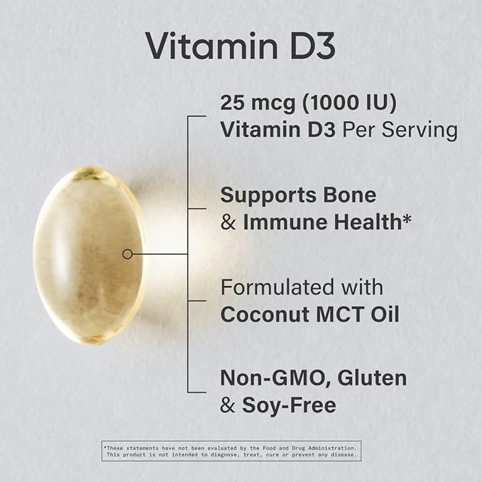 Sports Research® Vitamin D3 1000 IU with Coconut MCT Oil - High Potency Vitamin D Supplement for Immune & Bone Support - Gluten Free · Non-GMO · Soy Free - 360 Count Softgels