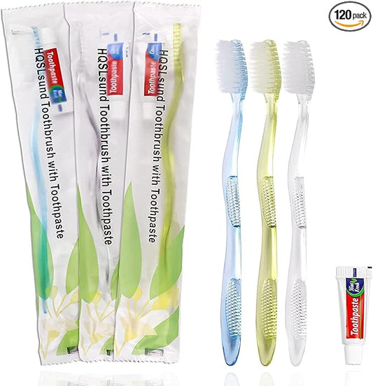 HQSL Sund 120 Pack Disposable Toothbrushes with Toothpaste, Individually Wrapped, Manual Disposable Toothbrushes Bulk, Adult Kid Toiletries, 3 Colors