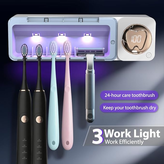 Bathroom Toothbrush Holder, Labelable with User Name, Multi-Slot Toothbrush Cleaner, Rechargeable Toothbrush Holder, Wall Mounted, for Bathroom, No Drilling Required, 5 Slots