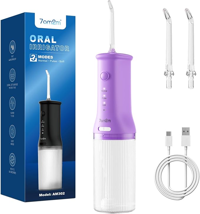 7AM2M Portable Cordless Water Flosser, Oral Irrigator with 3 Modes & 2 Tips, Fast Rechargeable, IPX7 Waterproof, Dental Water Flosser for Travel and Home Use (Purple)