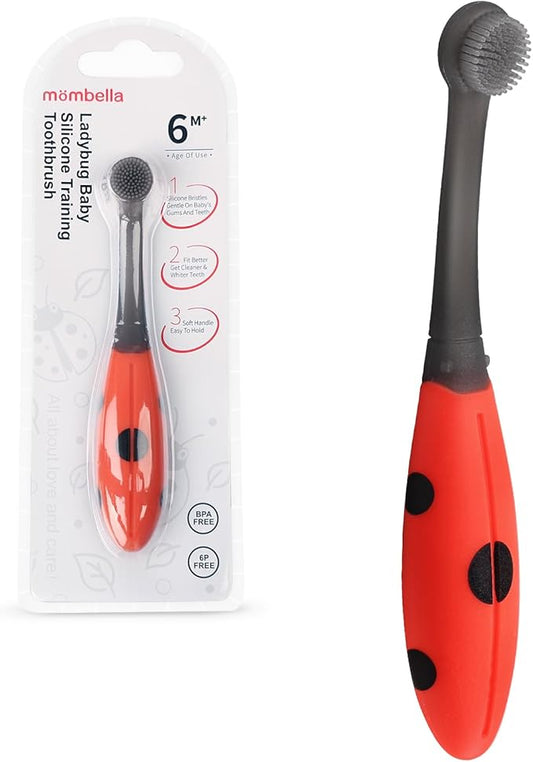 Mombella Ladybug Baby Toothbrush 6 to 12 Months and Up, Extra Soft Silicone Infant to Toddler Training Toothbrush for Baby's First Teeth, Oral Care Teether Over 6m+, Clean and Massage Tender Gums 1pc