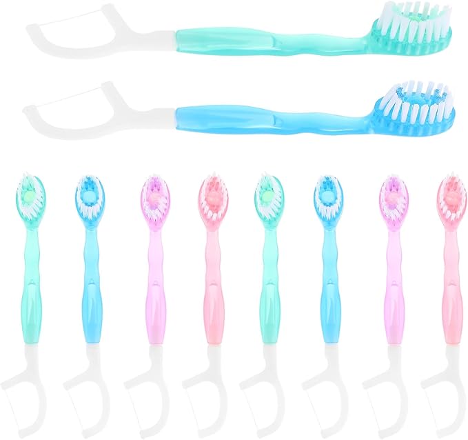 PartyKindom 10Pcs Mini Portable Disposable Toothbrush with Floss Soft Bristles Travel Oral Care On-The-Go Teeth Cleaning Set