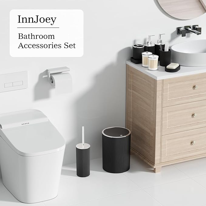 Black Bathroom Accessories Set - Bathroom Sets, 25PC Bath Accessory Set, Bathroom Sets with Push Top Trash Can, Shower Curtain and Rugs, Toilet Brush, Trash Can & Soap Dispenser