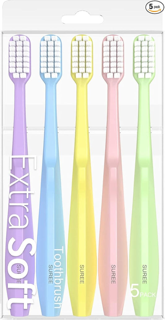 SUREE Extra Soft Toothbrush for Sensitive Teeth and Gums (5 Pack), Ultra Soft Toothbrush with 10000 Micro Nano Bristles for Adults and Elderly