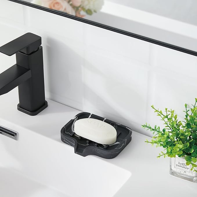 Toothbrush Holder and Soap Dish Set, Resin Toothbrush Cup Bathroom Cup Tumbler Marble Design, Self Draining Bar Soap Holder Shower for Bathroom Holder and Organizer, Black