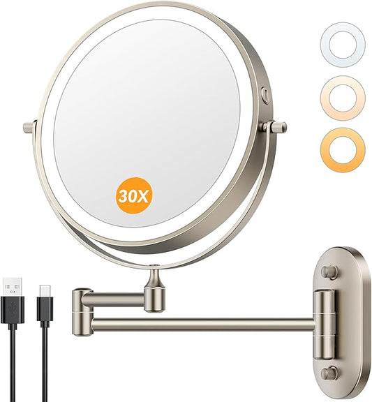 Auxmir 1X/30X Wall Mounted Lighted Makeup Mirror, 8" 3200 mAh Rechargeable Double-Sided Magnifying Mirror, Touch Dimmable 3 Color Lights, 360° Rotating Foldable 14.5" Extension Arm, Brushed Nickel