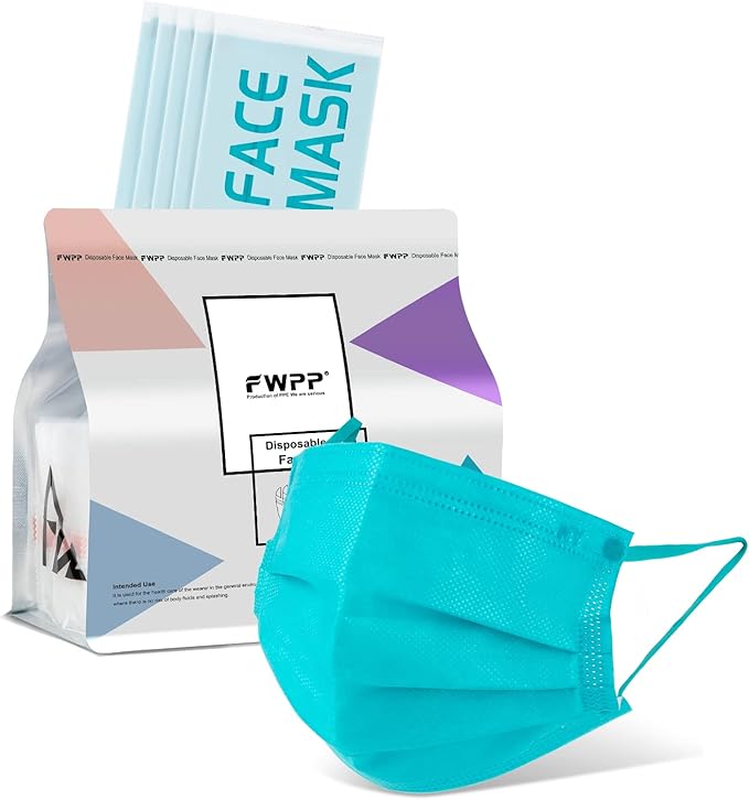 FWPP Adult 4 Ply Disposable Face Masks, Elastic Ear Loop Face Mask, Breathable Non-woven Fabric Green, Individually Wrapped Pack of 50