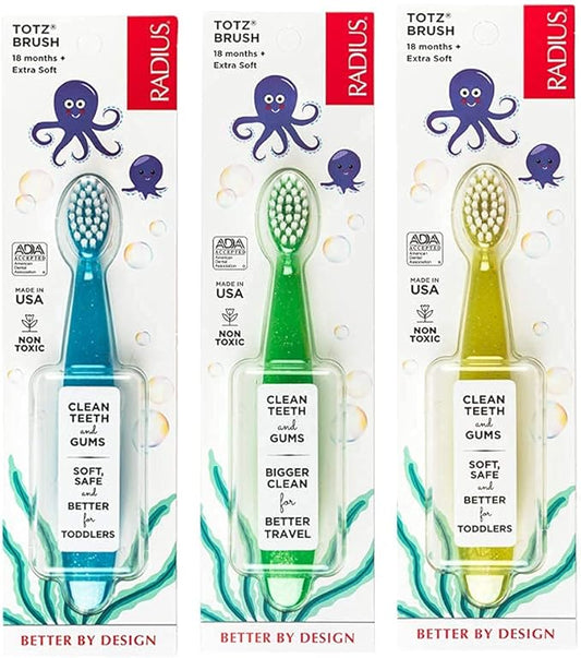 RADIUS Children's Toothbrush, Totz Brush, Extra Soft Bristles, Blue/Green/Yellow, BPA Free & ADA Accepted, Designed for Delicate Teeth & Gums for Children 18 Months & Up, Pack of 3