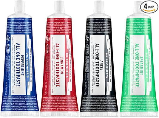 Dr. Bronner's All-One Toothpaste 4-Pack Variety– (Peppermint, Spearmint, Cinnamon, Anise, 5oz Each)– 70% Organic Ingridients, SLS Free Toothpaste, Fluoride Free, Natural, Vegan, for Sensitive Teeth